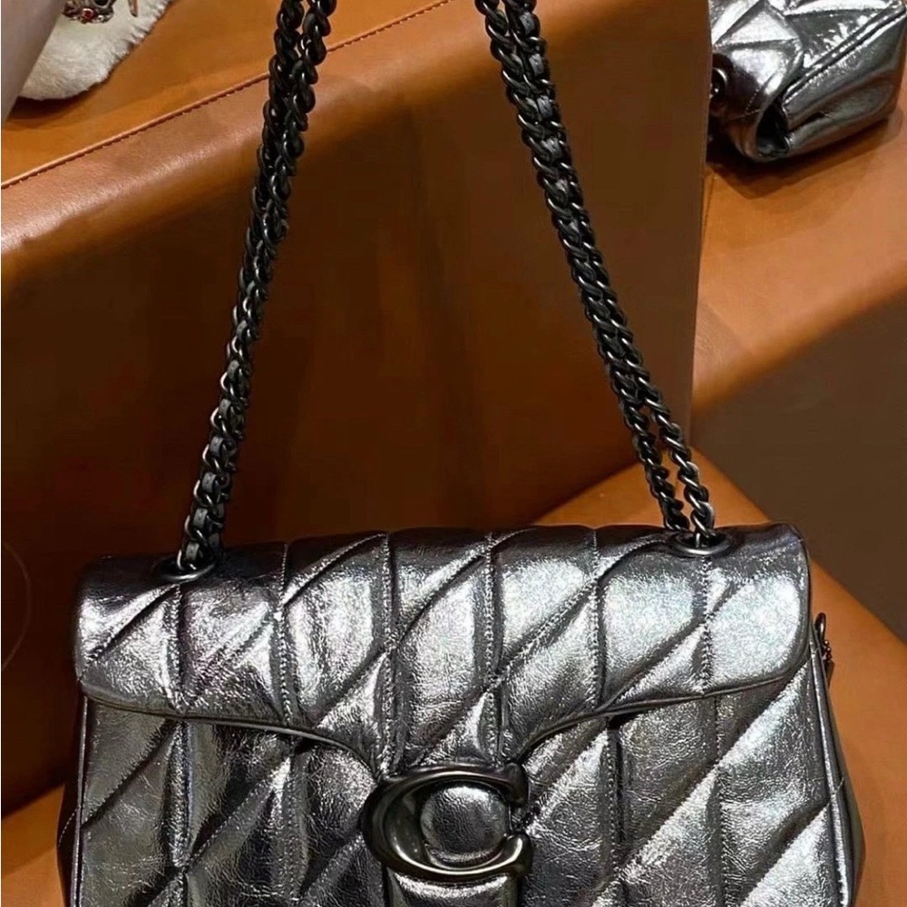 NWT Coach Metallic Leather Tabby Shoulder Bag 26 With Quilting - V5/Anthracite - Picture 5 of 12